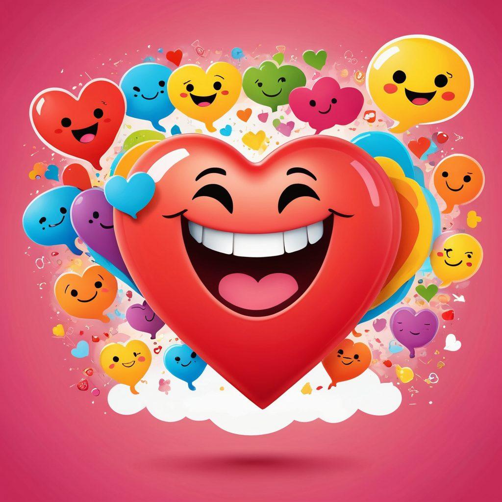 A whimsical illustration of a heart-shaped character laughing heartily while surrounded by colorful cartoon speech bubbles filled with funny one-liners and jokes. The background features playful doodles of smiling emojis and cheerful colors that evoke joy and warmth. The overall composition should inspire happiness and lightheartedness. vibrant colors. cartoon style.