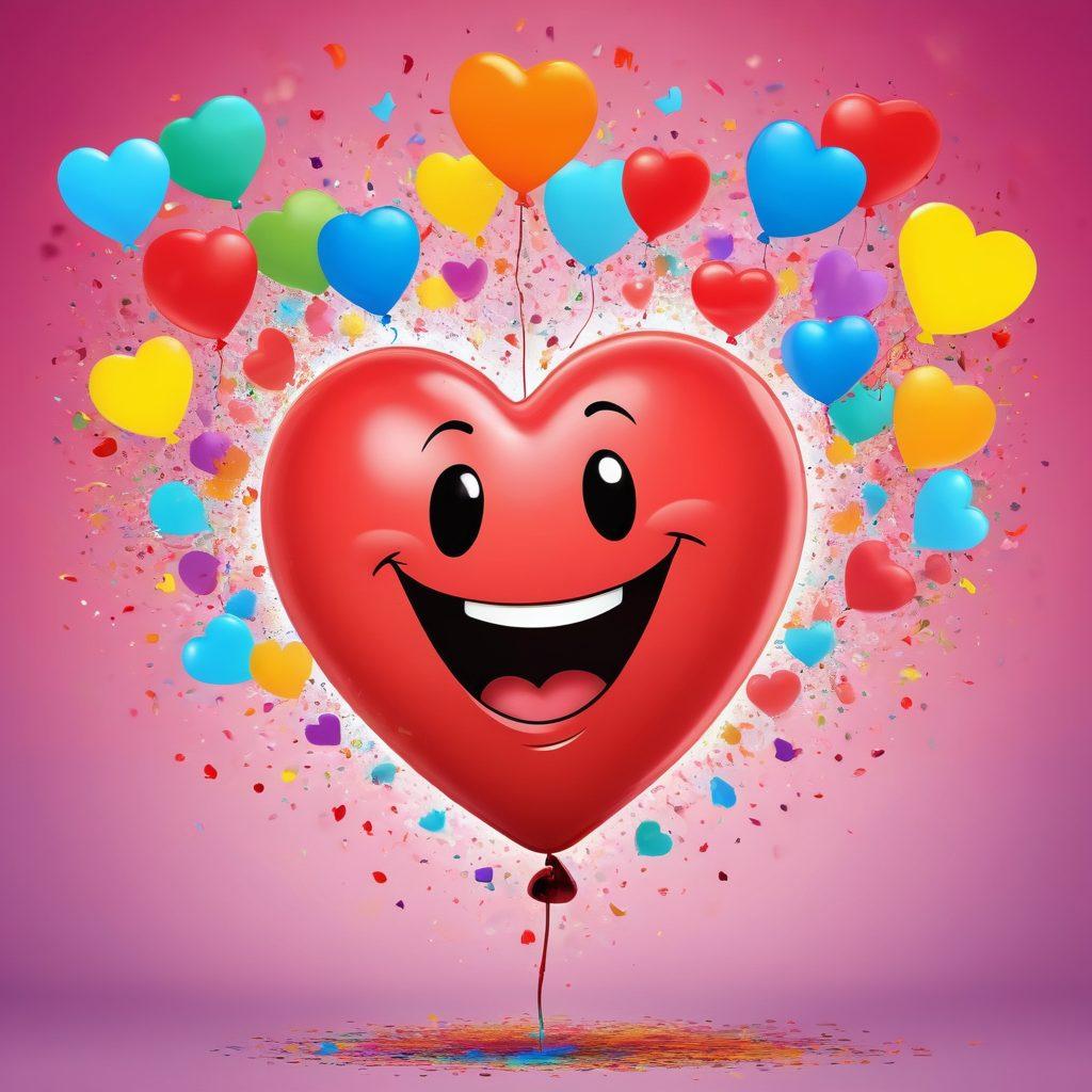 A whimsical cartoon illustration of a heart with a big smile, bursting with laughter as it jumps in the air surrounded by colorful speech bubbles filled with funny jokes. Include a playful background with vibrant confetti and bright balloons to enhance the joyous atmosphere. The heart should have expressive eyes and oversized hands, engaging with the jokes. cartoon style. vibrant colors.