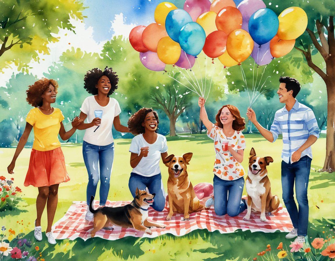 A lively, heartwarming scene of a diverse group of friends sharing laughter and love in a sunny park, surrounded by colorful flowers and balloons. Include playful elements like a picnic setup, a dog chasing butterflies, and a couple sharing a sweet moment. The atmosphere should radiate joy and togetherness, illustrating the essence of comedy and affection. vibrant colors. cheerful illustration. watercolor style.